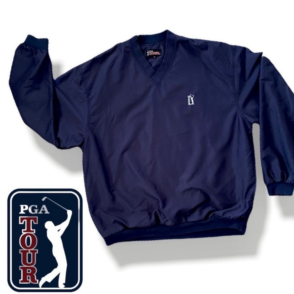 Vintage PGA Tour Windbreaker Jacket V-Neck Pullover Golf Navy Blue Mens XL 1990s